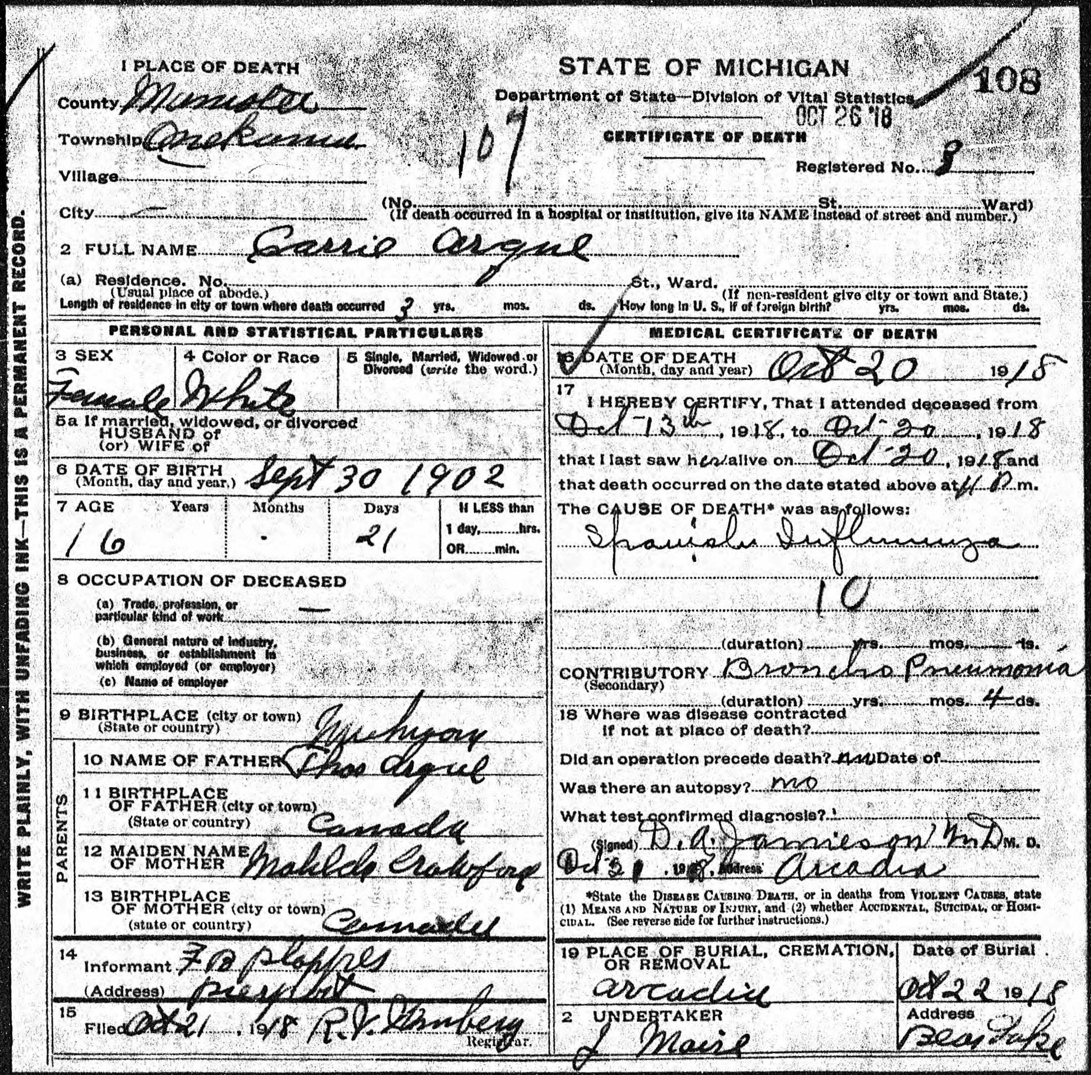 Death Certificate for Carrie Argue